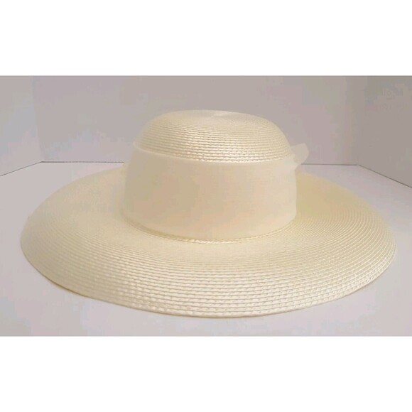 Vintage Marionette Wide Brim Womens Hat W/ Box Ivory Floral Ribbon 15\